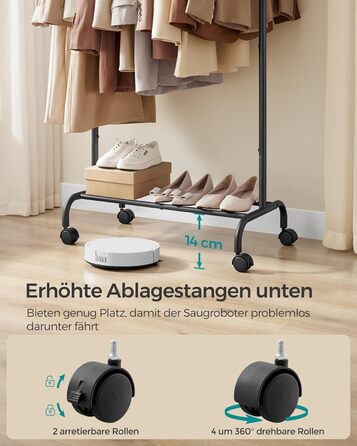 SONGMICS Clothes Rack with Wheels, Extendable Clothes Rod, Garment Rack made of Steel Pipes, Elevated Storage Rod, 40 x (83-120) x 156 cm, Cloud White HSR134W01 (Ink Black)