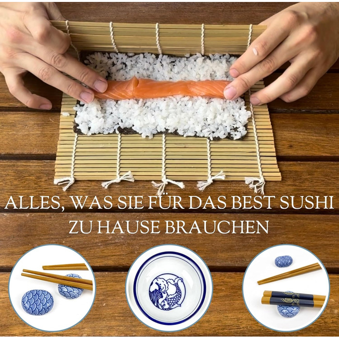 Набір для приготування суші UMAI: 2 килимки, палетка, 2 комплекти паличок, 2 соєві чаші, 2 підставки для паличок, QR-код з рецептами