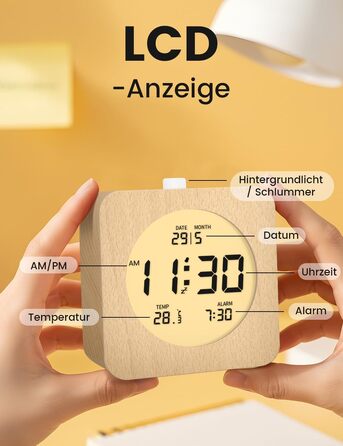 Цифровий настільний будильник aboveClock з дерев'яним корпусом, LCD-дисплей з температурою та датою, функція Snooze та підсвічуванням, квадратний
