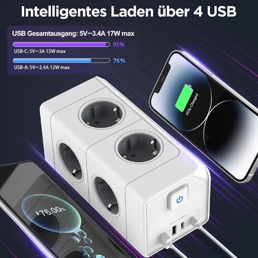 Мережевий фільтр з 4 розетками та 4 USB-портами, настінний, 4000W, 16A, з перетворювачем напруги, білий