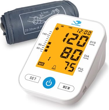 Тонометр на плече Oberarm з автоматичним вимірюванням, визначенням аритмії та вимірюванням пульсу, великим LED-дисплеєм, 2x99 пам'яттю, манжеткою 22-32 см (білий)