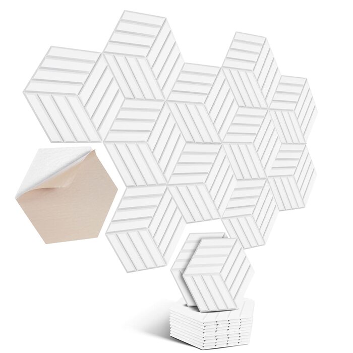 Акустичні гексагонні панелі самоклеючі для стін та стелі, шумопоглинаючі шестигранні плити високої щільності, білі, 30x26x0.9 см, 12 шт.