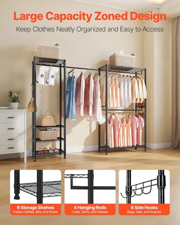 Вешалка для одягу VEVOR з 4 перекладинами, 8 гачками та 6 полицями, 385,5 кг вантажопідйомність, відкрита шафа для одягу
