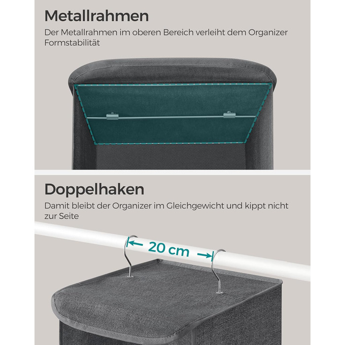 Організатор для шафи SONGMICS, навісний, складний, з металевими гачками та бамбуковими вставками (сірий, 2 шт.)