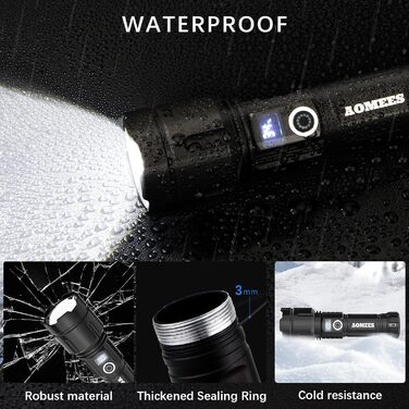 Ліхтарик AOMEES LED, 200000 люмен, акумуляторний, USB/Type-C, водонепроникний IPX4, 5 режимів, для кемпінгу та екстрених ситуацій з безпечним молотком