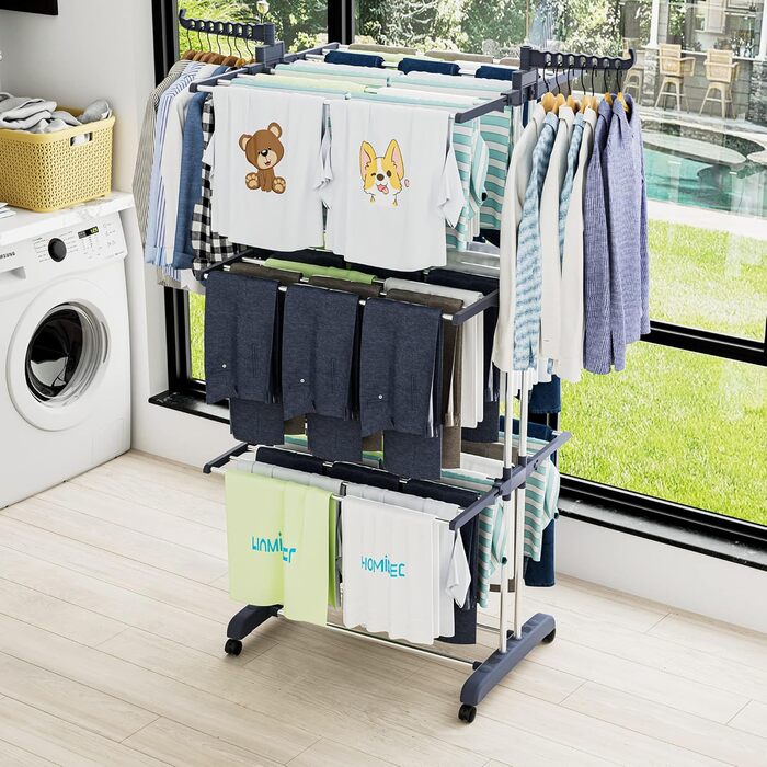 Сушарка для білизни Turm, турбо сушарка для білизни з 6 розкладних крил та 2 бічні крила, мобільна сушарка для білизни з колесами для дому та вулиці (сіра)