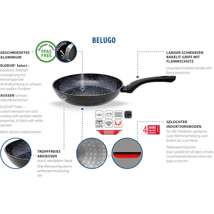 Сковорода ELO Belugo 28 см з кованого алюмінію з антипригарним покриттям ELODUR® Select (PFAS free) – для індукційних плит, чорна
