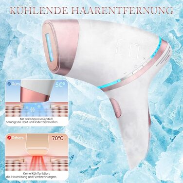 Пристрій для епіляції IPL з охолодженням 5°C, лазерний епілятор з 3 насадками, 5 рівнів потужності, безліч імпульсів, для жінок та чоловіків