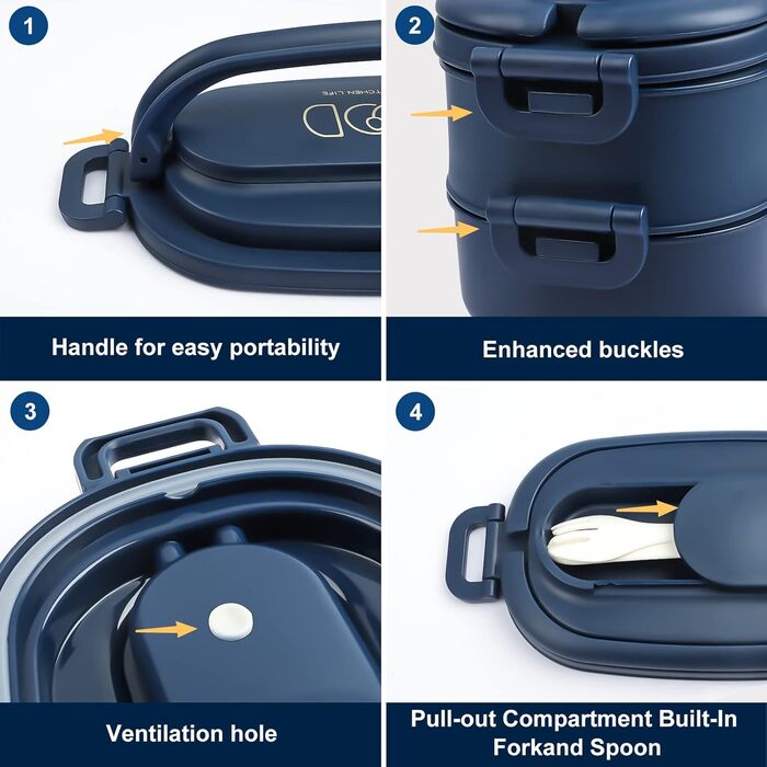 Ланчбокс Brotdose 2-ярусний, 1550 мл, з ложкою та виделкою, BPA Free, для дорослих, блакитний
