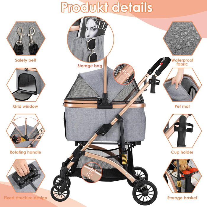 Візок для собак Mamizо 3 в 1: візок, переноска, сумка, до 20 кг, сірий