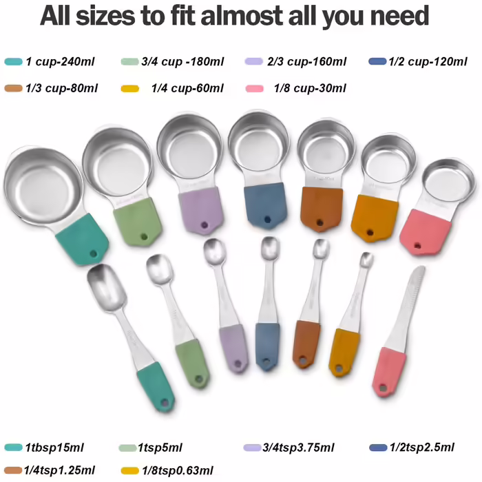 EDELIN Magnetic Measuring Cup and Spoon Set, Stainless Steel, 7 Cups and 6 Spoons with 1 Leveler, 18/8 304 Stainless Steel (Multicolor, 14 Sets)