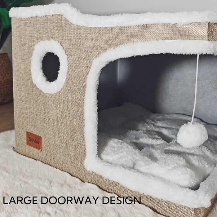 Spindro Cat Cave Cat Bed Large, Cat House Indoor Cat Sleeping Place with Removable Sherpa Cat Cushion and Hanging Toy, Cat Bed, Light Grey 42x42x33cm (2 level (42cmx42cmx33cm), Khaki)