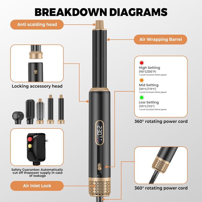 5-в-1 Станція для укладки волосся 1000W: фен-щітка, плойка, випрямляч, LCD-дисплей, 3 температурні режими, чорний