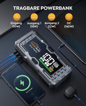 YaberAuto 6000A Powerbank для запуску двигуна авто, 12V, 10.0L бензин/9.0 Diesel, LCD, 450 Lumen, YA100
