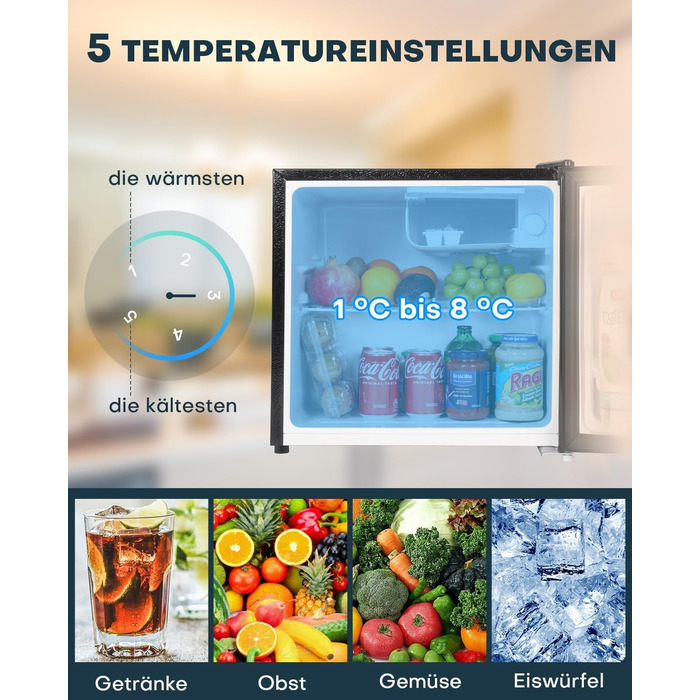 Upstreman 46L Mini Fridge with Freezer Compartment, Temperature Control, Energy Efficient, Quiet, 1-Door Beverage Refrigerator, Stainless Steel - FR17