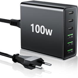 Багатопортовий зарядний пристрій HSSNS USB-C: 100W, 6 портів, швидка зарядка, USB-C та USB-A, для iPad, iPhone та смартфонів, чорний
