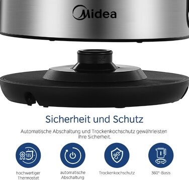 Midea 1.7L Stainless Steel Electric Kettle - Fast Boil, LED Display, 360° Base, BPA-Free
