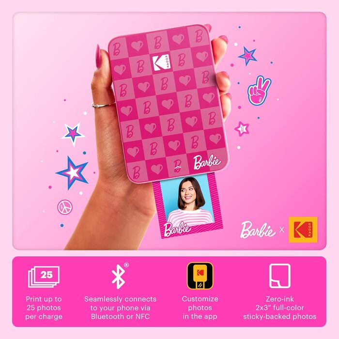Фотодрук Kodak Barbie x Step Slim Wireless: миттєвий друк, Bluetooth, 2x3” наклейки, iOS/Android