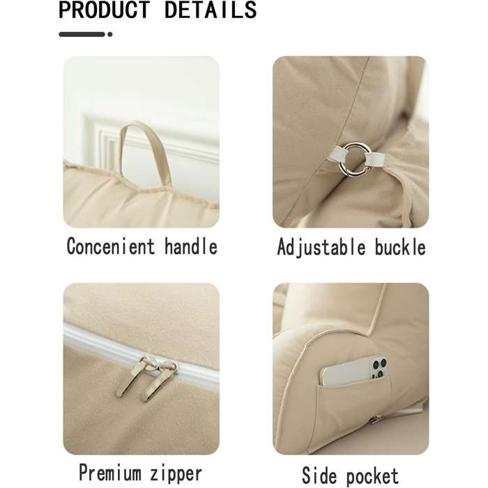 Підголовник для ліжка: великий м'який крісло-мішок з підлокітниками та знімною подушкою для шиї, 75x40x58 см