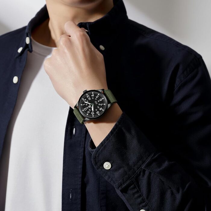 Годинник чоловічий LN LENQIN аналоговий кварцовий на текстильному ремінці, водостійкий 30M, з датою (зелений, чорний)