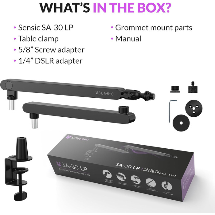 Мікрофонний тримач SENSIC SA-30 LP Low Profile з регульованим підлокітником, 360° обертання, для стрімінгу, інтегроване кабельне кріплення, універсальний, настільний