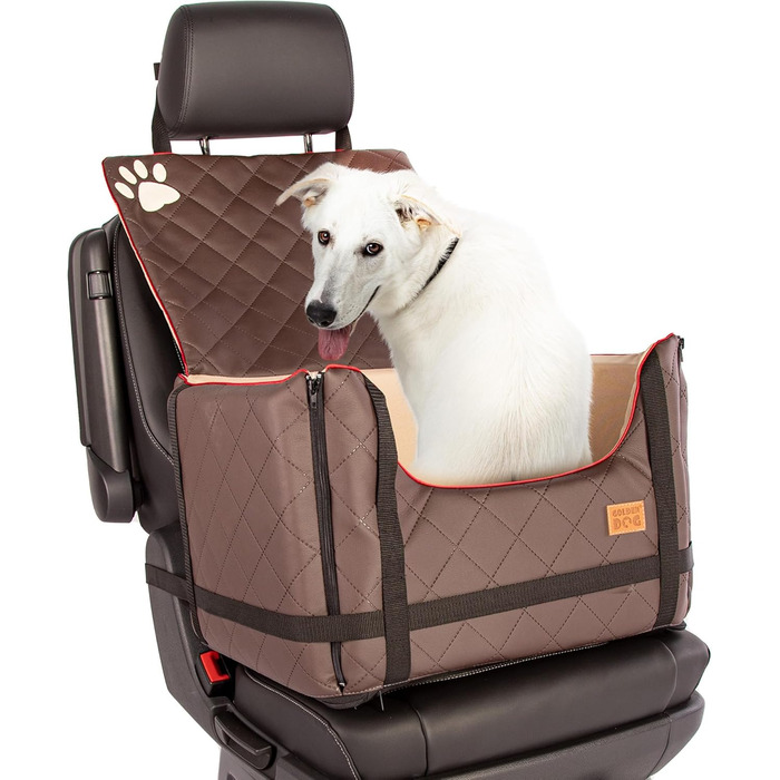 Автомобільний лежак для собак Golden Dog - безпечний транспортувальний бокс з ременями безпеки, 52x44x33 см, коричневий, з водонепроникної шкіри