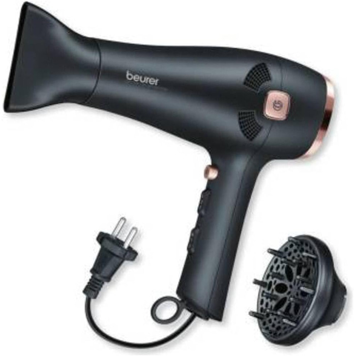 Фен Beurer HC 55 з іонізацією, підйомом кабелю, професійною насадкою та дифузором для об'єму, чорний