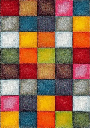 Monde Deluxe Living Room Carpet, Hand Carved, Short Pile, Colorful, Multicolored, Blue, Red, Brown, Green, Grey, Checkered, 80 x 150 cm, Multicolored
