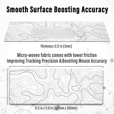 Ovenbird Велике ігрове килимок для миші з прошитими краями, топографічні карти, XL килимок з неслизькою основою, стильний підкладка під клавіатуру та мишу, 80 x 30 см, білий