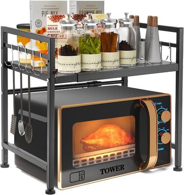 Розширювана підставка для мікрохвильової печі 2-ярусна, органайзер з вуглецевої сталі, кухонна полиця з 10 гачками для тостера та аірфрая (білий)