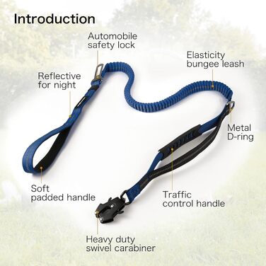 Міцна тактична повід для собак з карабіном швидкого закриття та світловідбиваючими нитками, 1,2-1,8 м Power-Stretch повід для середніх та великих собак (Морський колір та Чорний)