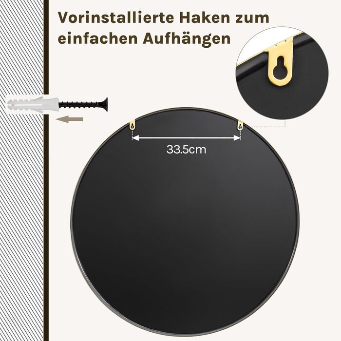 Круглий настінний дзеркало WOLTU 40 см з рамою, для ванної, спальні, вітальні, коридору, декоративний, з металу, скла, MDF, з гачком, 81x81 см, золотий