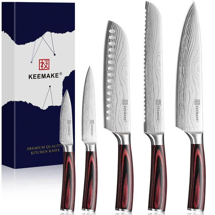 Професійний набір кухонних ножів KEEMAKE (5 предметів) з гострої нержавіючої сталі та ручкою з паккавуда, включаючи ніж сантоку та ніж для хліба, у подарунковій коробці