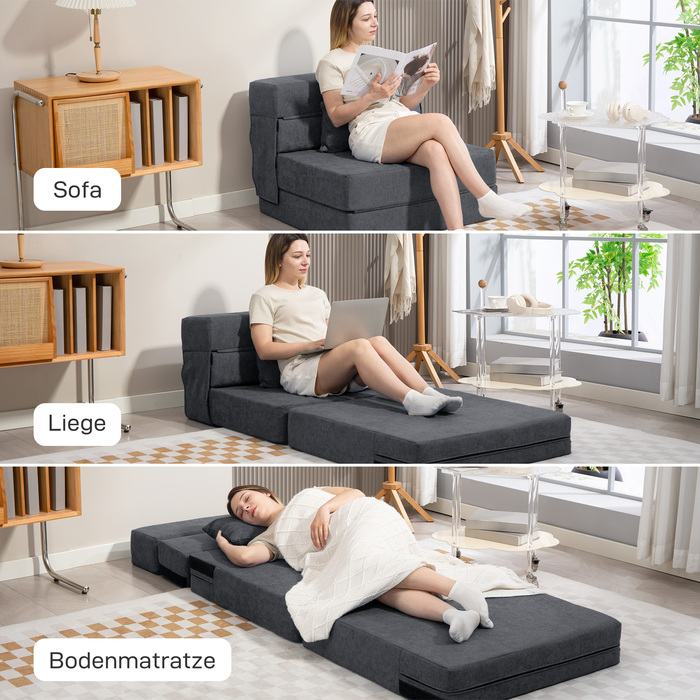 HOMCOM 3-in-1 Sleeper Chair, Foldable Sleeper Sofa with Bed Function, Lumbar Pillow, Reclining Chair with Flannel Look, Chaise Lounge for Living Room, Dark Grey | Aosom
