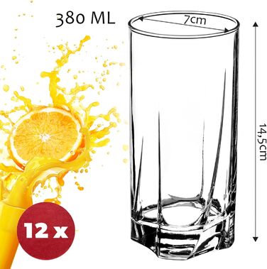 KADAX Drinking Glasses Set of 12, made of high-quality glass, thick-walled juice glasses, ribbed glasses for water, drinks, juice, party, cocktail glasses, beverage glasses (SET OF 12, 380ml tall)