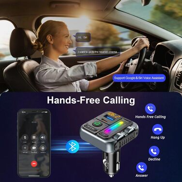FM-трансмітер SOARUN для авто Bluetooth 5.3, адаптер для автомобіля з зарядкою 57W PD та USB, гучний зв'язок, програвач музики, бас, чистий звук, підтримка 64ГБ, зелений