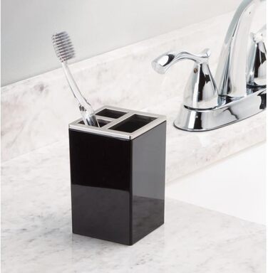 mDesign Plastic Bathroom Storage Jars, Vanity Decor Accessories, Countertop Organizer, Soap Dispenser, Toothbrush Holder, Lumiere Collection, 4-Piece Set – Black/Brushed