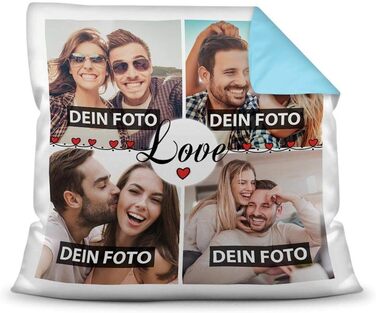 Фотоподушка з наповнювачем Print Royal Love – фотоколаж з 4 фото, індивідуальний напис, подарунок, кольорова, зворот блакитний