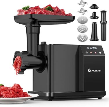 AAOBOSI Electric Meat Grinder - 3000W MAX with LED Display, 3 Speeds, Anti-Clogging Technology, Built-in Storage Box, Sausage Maker & Kibbeh Maker for Home Use