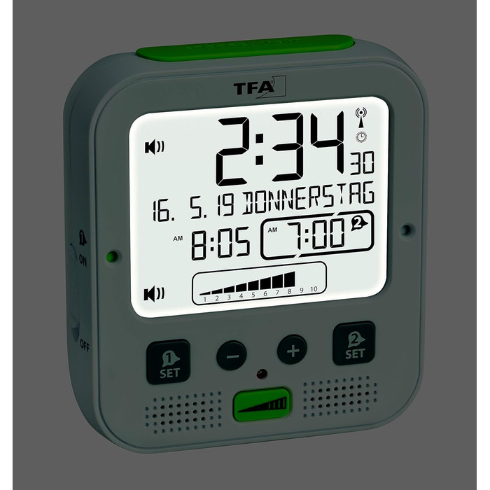 TFA Dostmann Boom Funkwecker, Loud with Vibration Alarm, Snooze Function, Adjustable Volume and Brightness, Automatic Night Light, White, L 110 x W 65 x H 122 mm