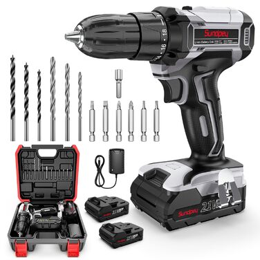 Акумуляторний шуруповерт Sundpey Set: 2 акумулятори 2.0Ah, 21V, 1500 об/хв, 45Nm, 18+1 режим, LED, 10мм патрон - для ремонту та DIY