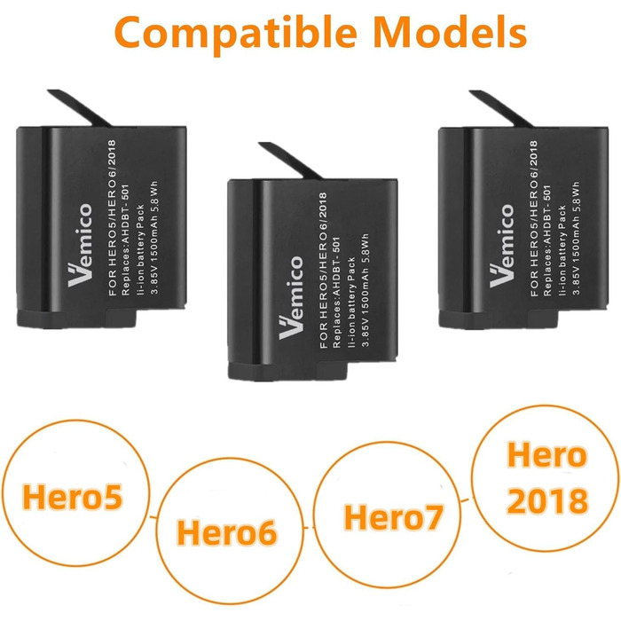Зарядний комплект Vemico Hero 7/6/5: 3 акумулятори 1500mAh, зарядний пристрій з LED, Type-C, сумісний з Hero 7/6/5/2018, AHDBT-501