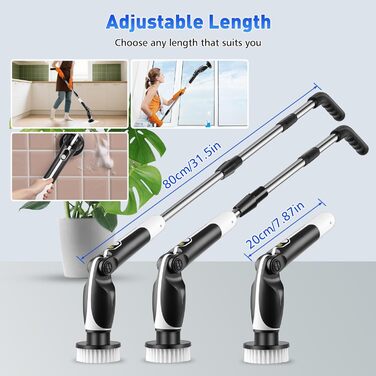 Електрична щітка для прибирання з 8 насадок, включаючи щітку для унітазу. 2 швидкості, регульована ручка для ванної, кухні, авто