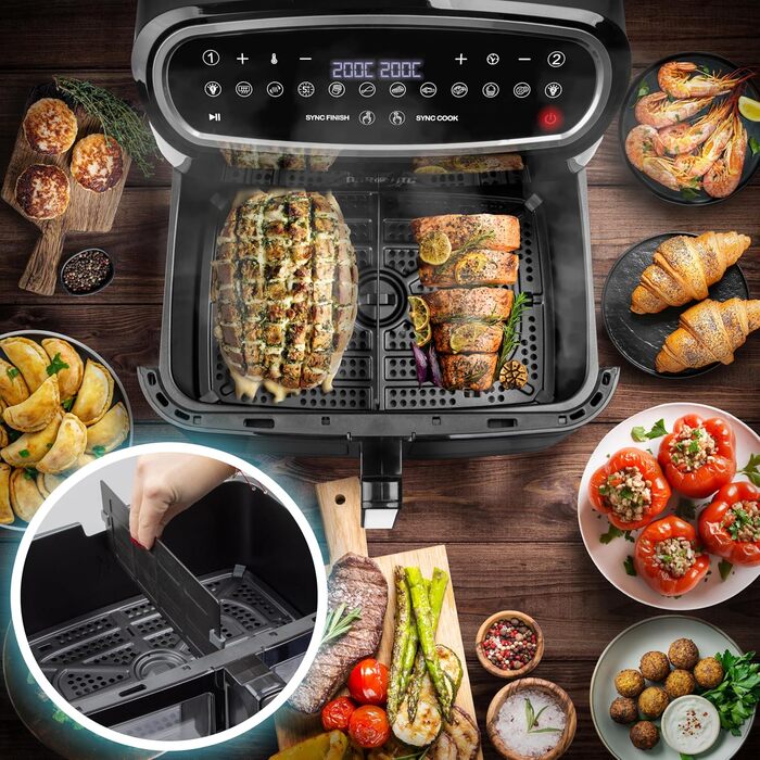 Duronic AF34 BK Hot Air Fryer, XXL Hot Air Fryer with 2 Chambers for Fries, Fryer HLF 10L Volume Airfryer, Air Fryer for Recipes Without Oil