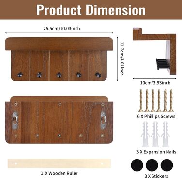 Дерев'яне ключниця з поличкою, ключниця на стіну з 5 гачками, декоративне настінне кріплення для ключів, підходить для прихожей, коридору, кухні, спальні (Темно-коричневий)