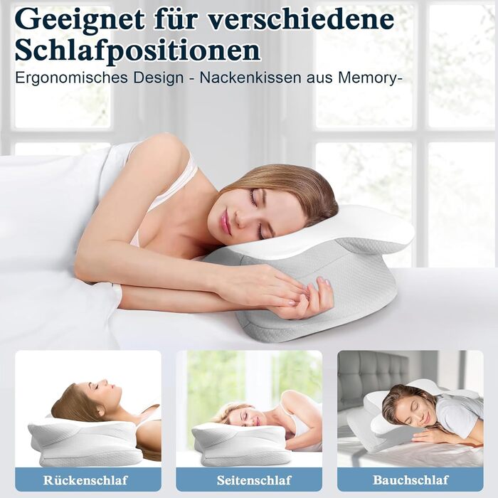 PHYSEN Orthopedic Pillow, Head Pillow Neck Pillow made of Memory Foam, Ergonomic Neck Support Pillow Head Pillow Side Sleeper Pillow for Sides, Back & Stomach Sleepers, 62x41x13cm, White+Light Gray