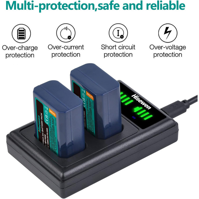 Акумулятор NP-FW50 Hisewen (2 шт.) та подвійний USB зарядний пристрій для Sony ZV-E10, A6000, A6100, A6300, A6400, A6500, A7, A7 II, A7S, A7S II, A7R, A7R II, NEX-7, NEX-6