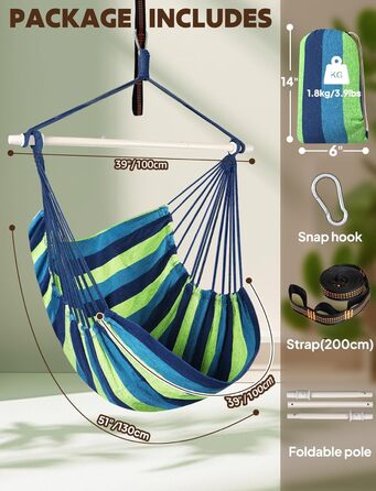 Підвісне крісло-гойдалка Chihee для дому та саду 130x100 см, смугасте (синьо-зелене). Бавовна, високий комфорт, для тераси, двору, саду.