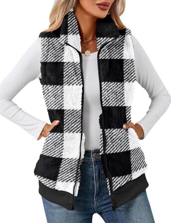 Жіноча жилетка з м'якого флісу IECCP - тепла безрукавка для осені та зими. Стильна жилетка з м'якого флісу з візерунком у клітинку чорно-білого кольору. Ідеальна для створення затишного осіннього образу.