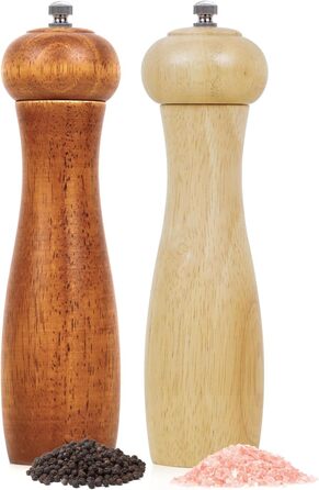 Дерев'яні соляні та перечні млини, 20 см, регульована ступінь помелу, ручні, з дуба, для кухні - набір 2 шт.